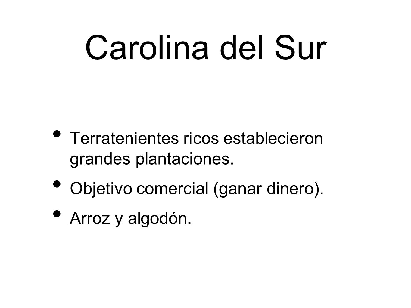 Carolina del Sur Terratenientes ricos establecieron grandes plantaciones. Objetivo comercial (ganar dinero).