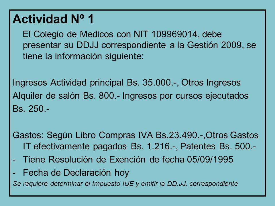 Actividad Nº 1 El Colegio de Medicos con NIT , debe presentar su DDJJ correspondiente a la Gestión 2009, se tiene la información siguiente: