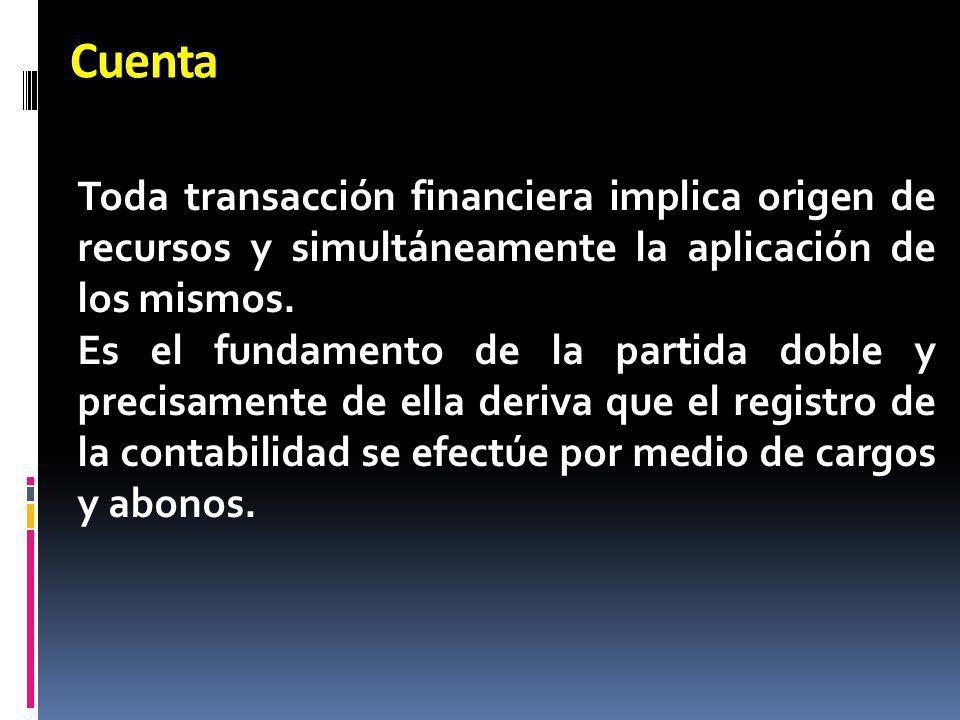 Cuenta Toda transacción financiera implica origen de recursos y simultáneamente la aplicación de los mismos.