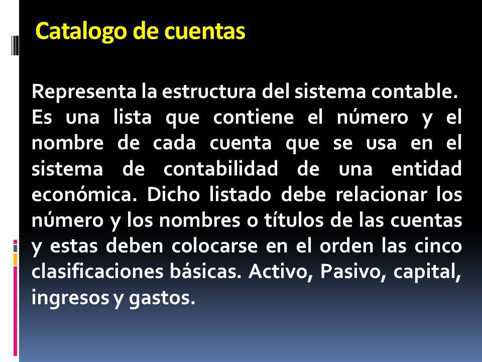 Catalogo de cuentas Representa la estructura del sistema contable.