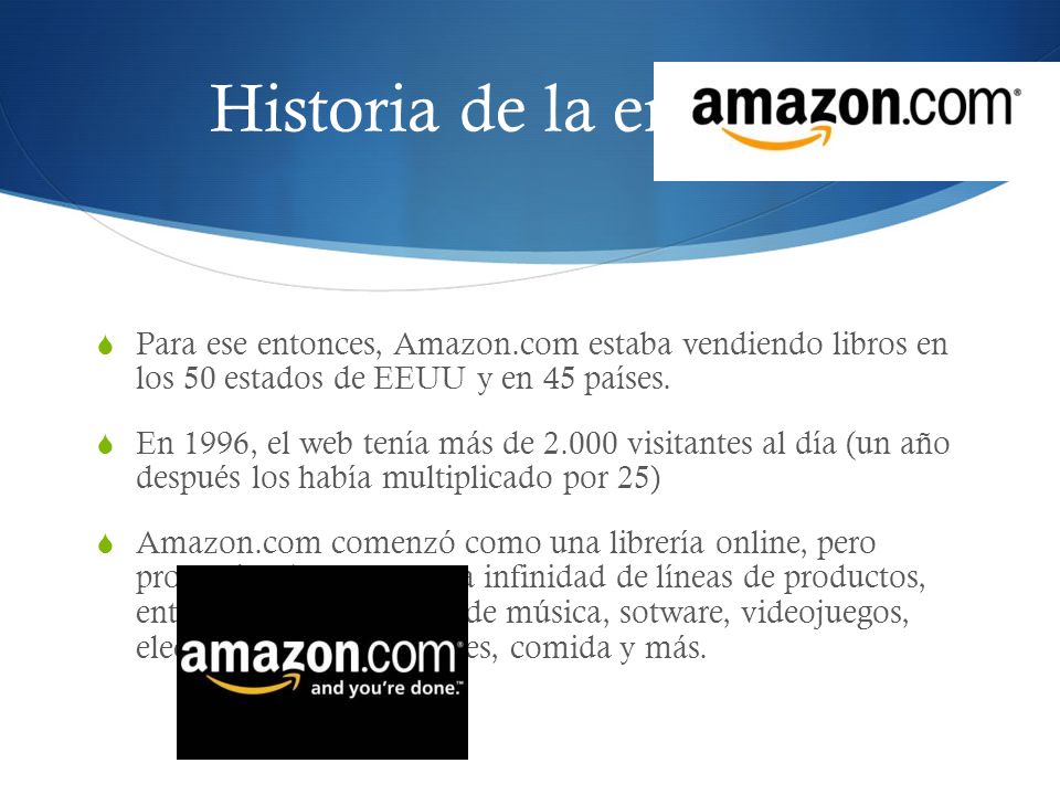 Historia de la empresa Para ese entonces, Amazon.com estaba vendiendo libros en los 50 estados de EEUU y en 45 países.