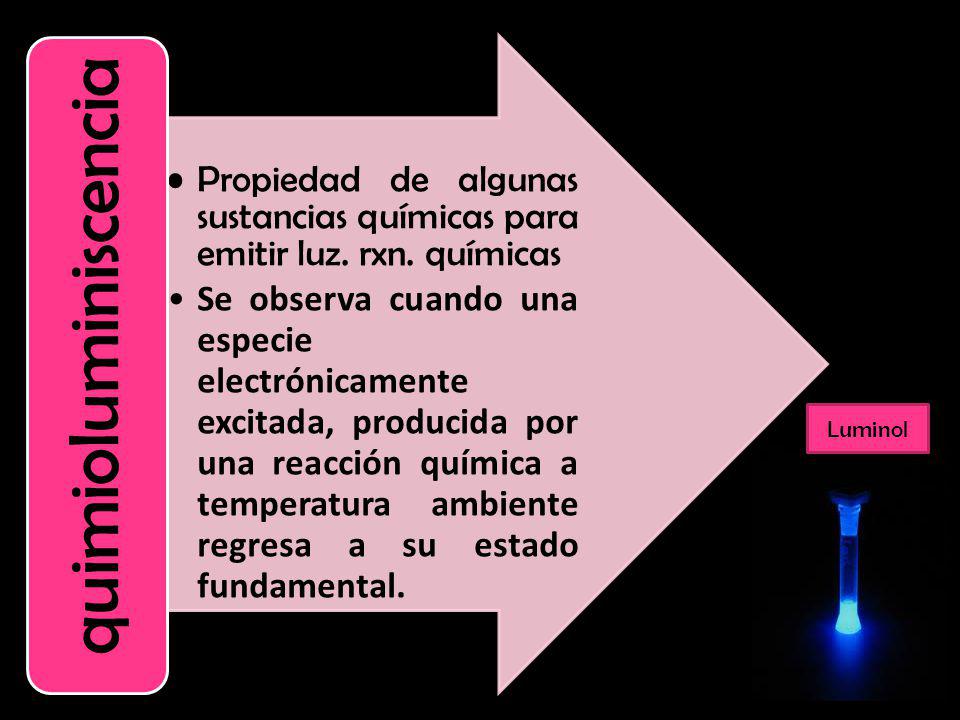 quimioluminiscencia Propiedad de algunas sustancias químicas para emitir luz. rxn. químicas.