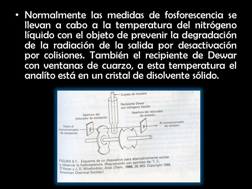Normalmente las medidas de fosforescencia se llevan a cabo a la temperatura del nitrógeno líquido con el objeto de prevenir la degradación de la radiación de la salida por desactivación por colisiones.