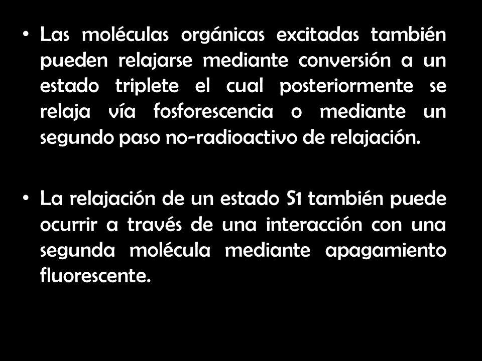 Las moléculas orgánicas excitadas también pueden relajarse mediante conversión a un estado triplete el cual posteriormente se relaja vía fosforescencia o mediante un segundo paso no-radioactivo de relajación.
