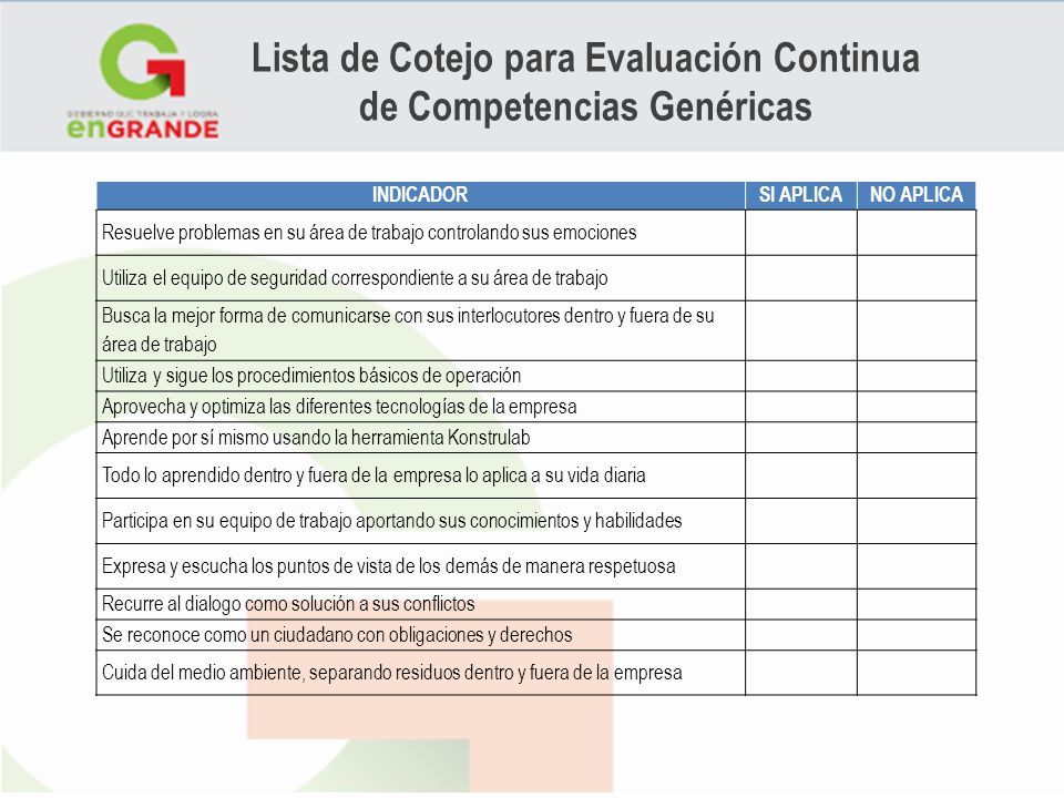 Lista de Cotejo para Evaluación Continua de Competencias Genéricas