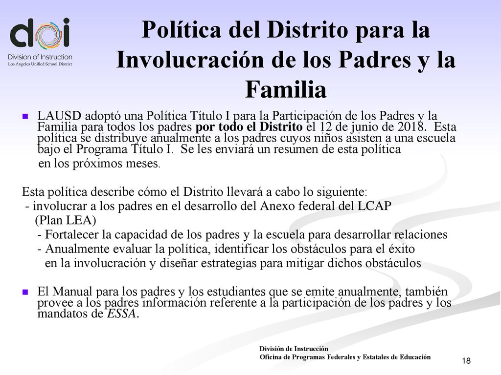 Política del Distrito para la Involucración de los Padres y la Familia