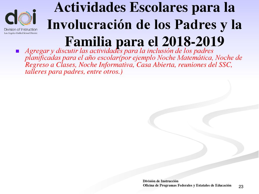 Actividades Escolares para la Involucración de los Padres y la Familia para el