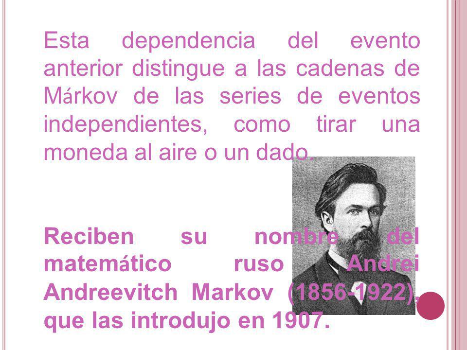 Esta dependencia del evento anterior distingue a las cadenas de Márkov de las series de eventos independientes, como tirar una moneda al aire o un dado.