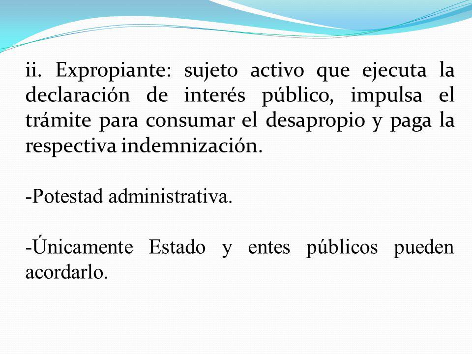 ii. Expropiante: sujeto activo que ejecuta la declaración de interés público, impulsa el trámite para consumar el desapropio y paga la respectiva indemnización.