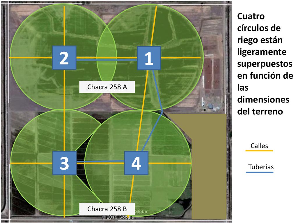 Chacra 258 A. Chacra 258 B. Cuatro círculos de riego están ligeramente superpuestos en función de las dimensiones del terreno.