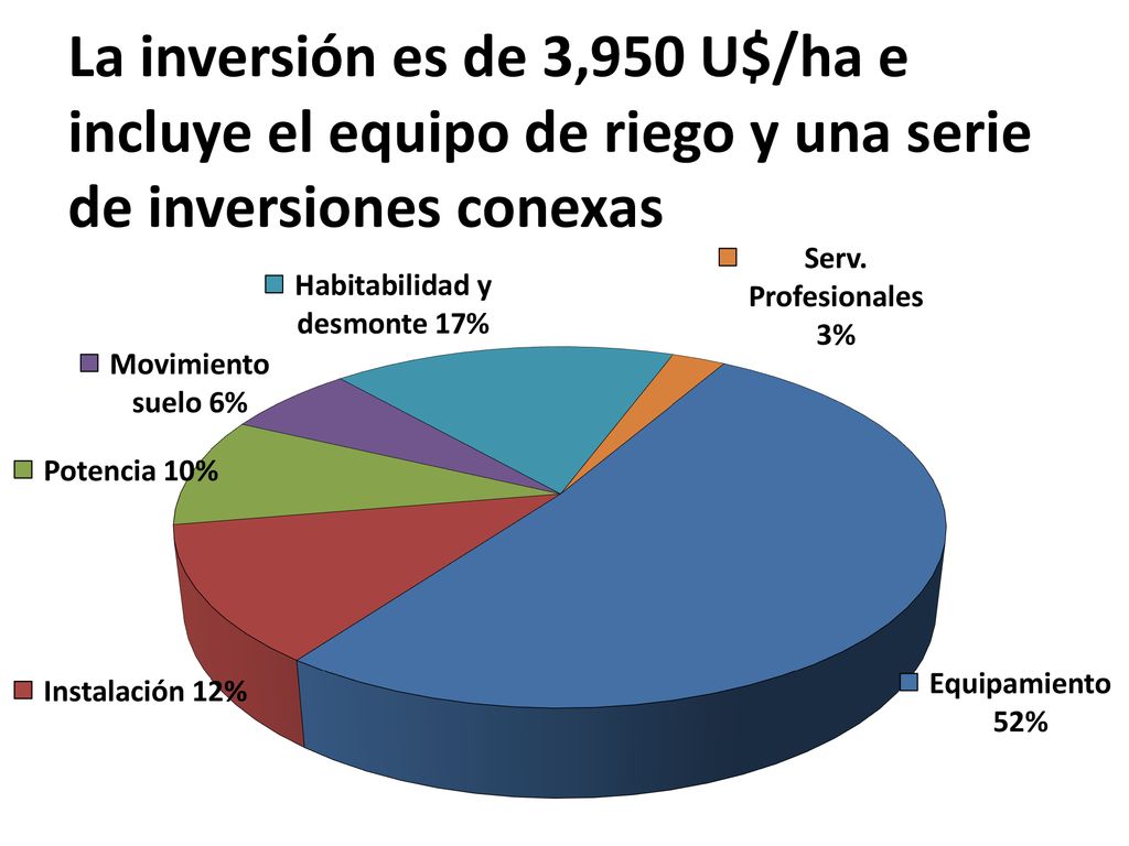 La inversión es de 3,950 U$/ha e incluye el equipo de riego y una serie de inversiones conexas