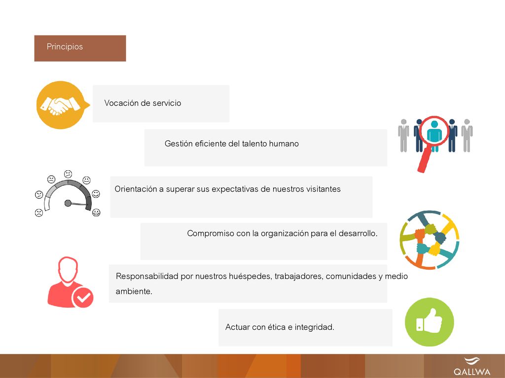 Principios Vocación de servicio. Gestión eficiente del talento humano. Orientación a superar sus expectativas de nuestros visitantes.