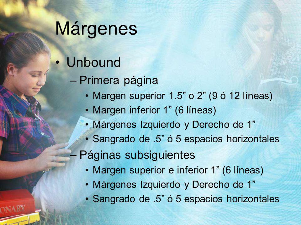 Márgenes Unbound Primera página Páginas subsiguientes