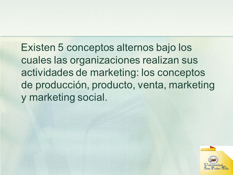 Existen 5 conceptos alternos bajo los cuales las organizaciones realizan sus actividades de marketing: los conceptos de producción, producto, venta, marketing y marketing social.