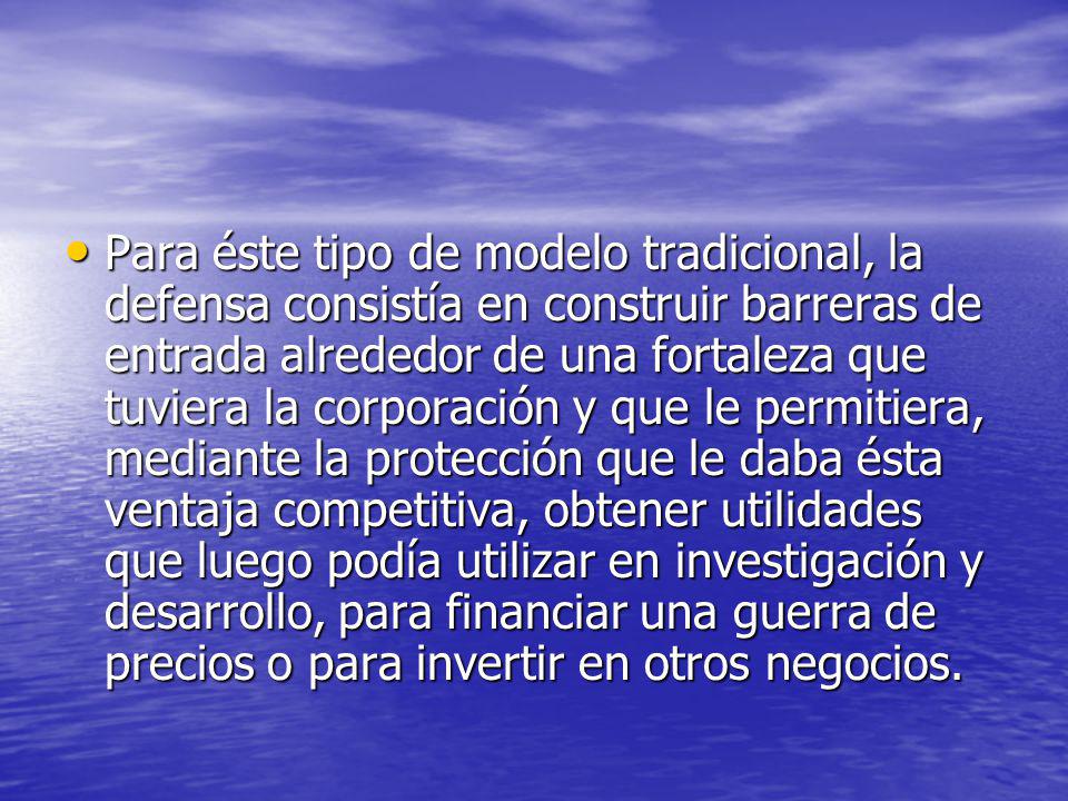 Para éste tipo de modelo tradicional, la defensa consistía en construir barreras de entrada alrededor de una fortaleza que tuviera la corporación y que le permitiera, mediante la protección que le daba ésta ventaja competitiva, obtener utilidades que luego podía utilizar en investigación y desarrollo, para financiar una guerra de precios o para invertir en otros negocios.