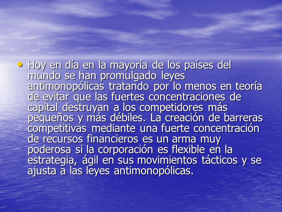 Hoy en día en la mayoría de los países del mundo se han promulgado leyes antimonopólicas tratando por lo menos en teoría de evitar que las fuertes concentraciones de capital destruyan a los competidores más pequeños y más débiles.
