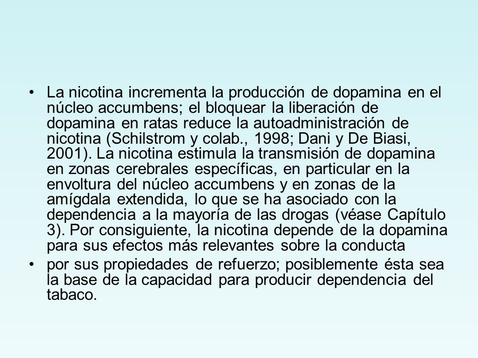 La nicotina incrementa la producción de dopamina en el núcleo accumbens; el bloquear la liberación de dopamina en ratas reduce la autoadministración de nicotina (Schilstrom y colab., 1998; Dani y De Biasi, 2001). La nicotina estimula la transmisión de dopamina en zonas cerebrales específicas, en particular en la envoltura del núcleo accumbens y en zonas de la amígdala extendida, lo que se ha asociado con la dependencia a la mayoría de las drogas (véase Capítulo 3). Por consiguiente, la nicotina depende de la dopamina para sus efectos más relevantes sobre la conducta