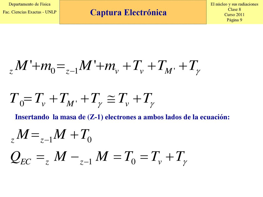 Captura Electrónica Insertando la masa de (Z-1) electrones a ambos lados de la ecuación:
