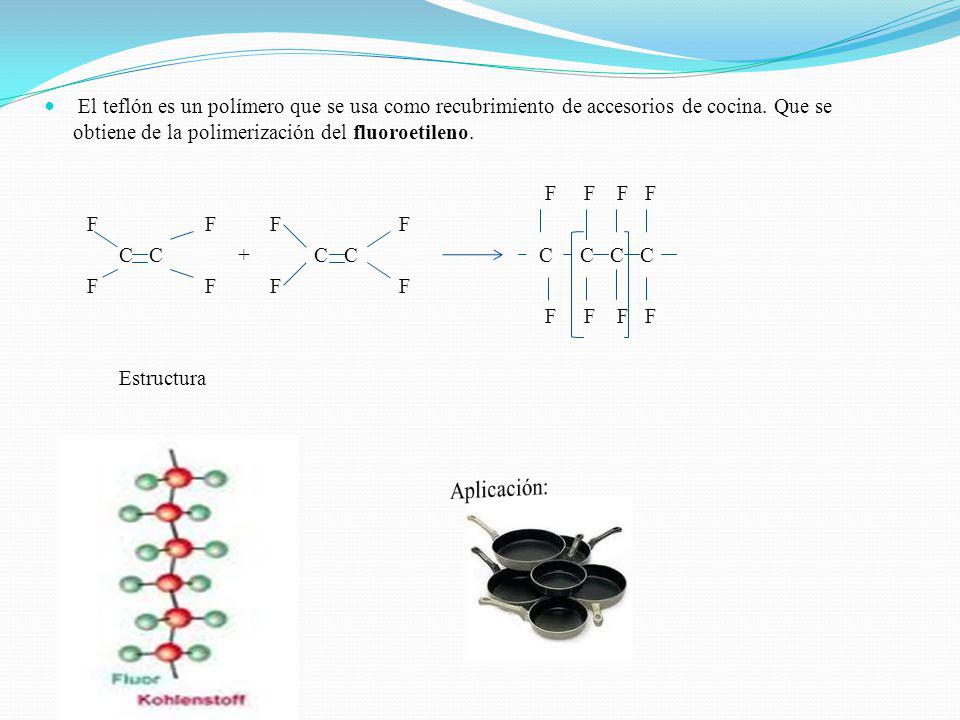 El teflón es un polímero que se usa como recubrimiento de accesorios de cocina. Que se obtiene de la polimerización del fluoroetileno.