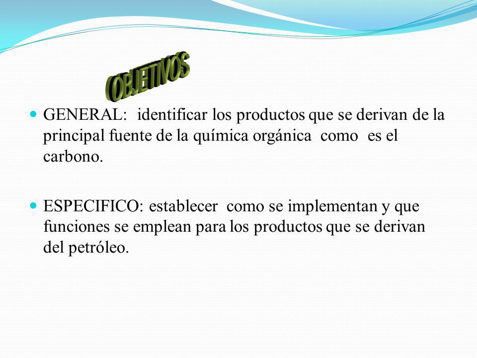 OBJETIVOS GENERAL: identificar los productos que se derivan de la principal fuente de la química orgánica como es el carbono.