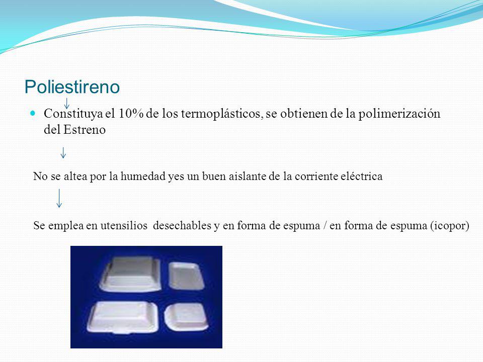 Poliestireno Constituya el 10% de los termoplásticos, se obtienen de la polimerización del Estreno.