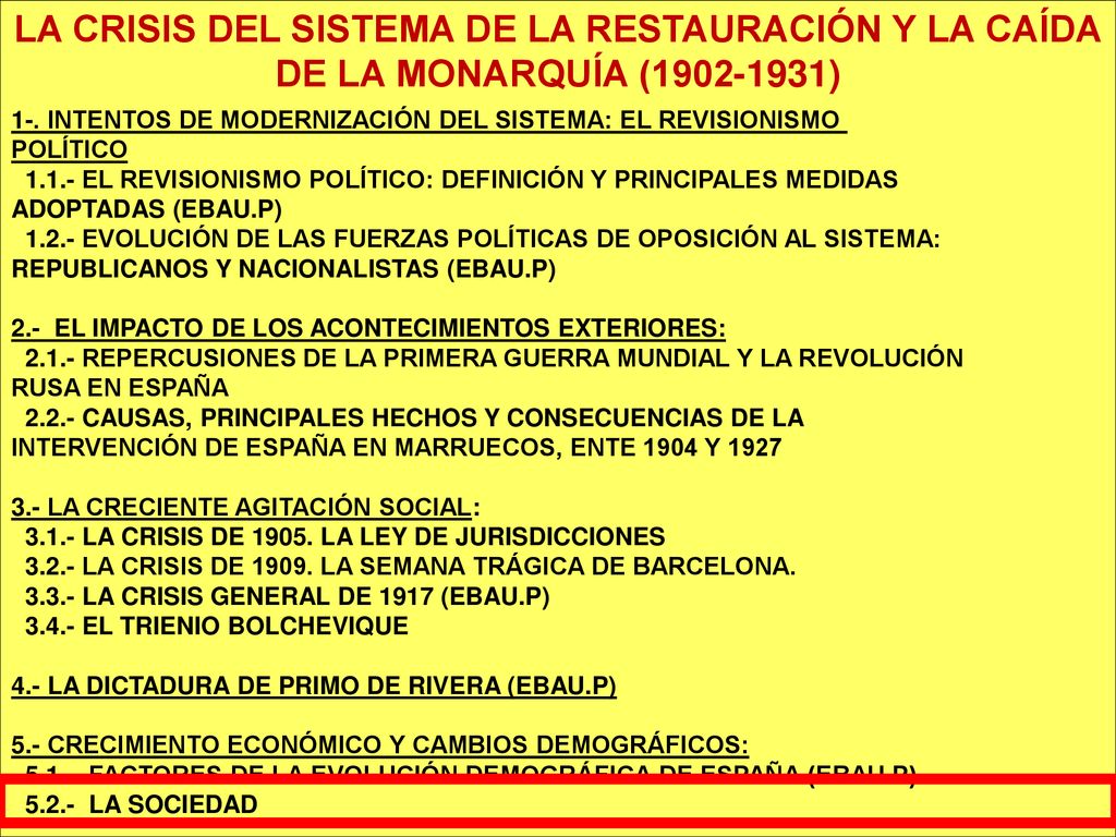 LA CRISIS DEL SISTEMA DE LA RESTAURACIÓN Y LA CAÍDA DE LA MONARQUÍA ( )