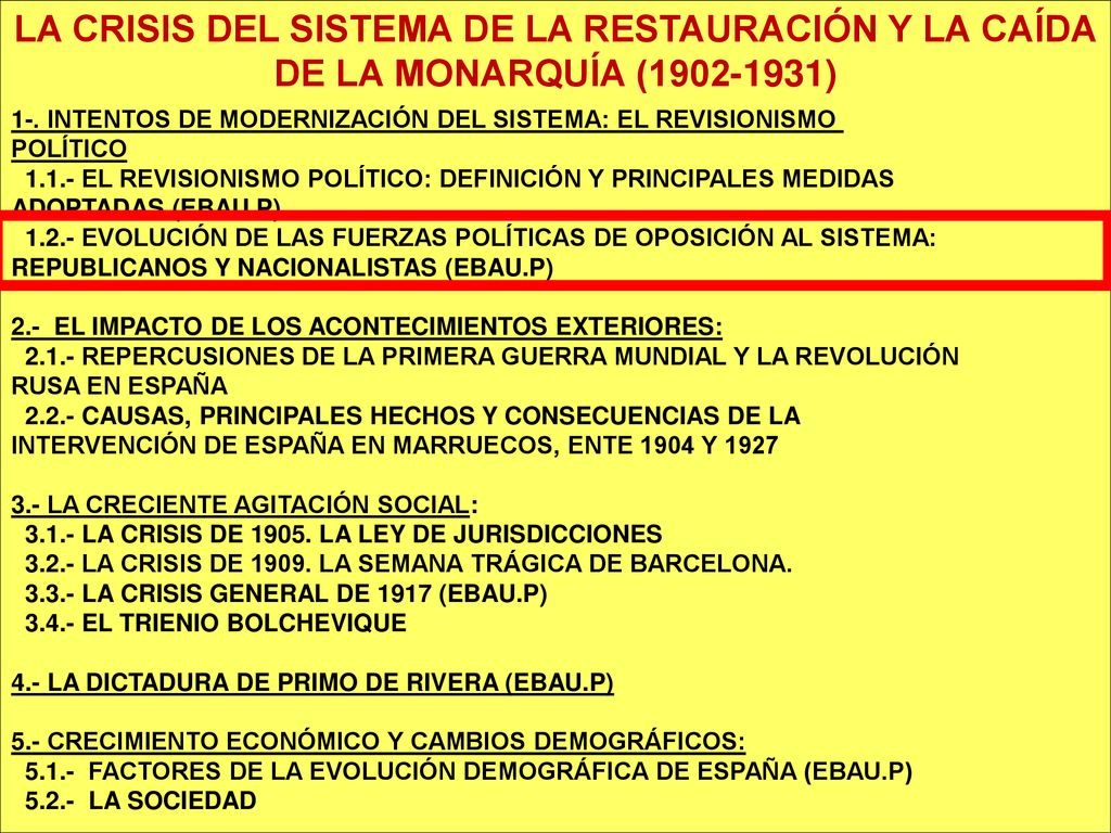 LA CRISIS DEL SISTEMA DE LA RESTAURACIÓN Y LA CAÍDA DE LA MONARQUÍA ( )
