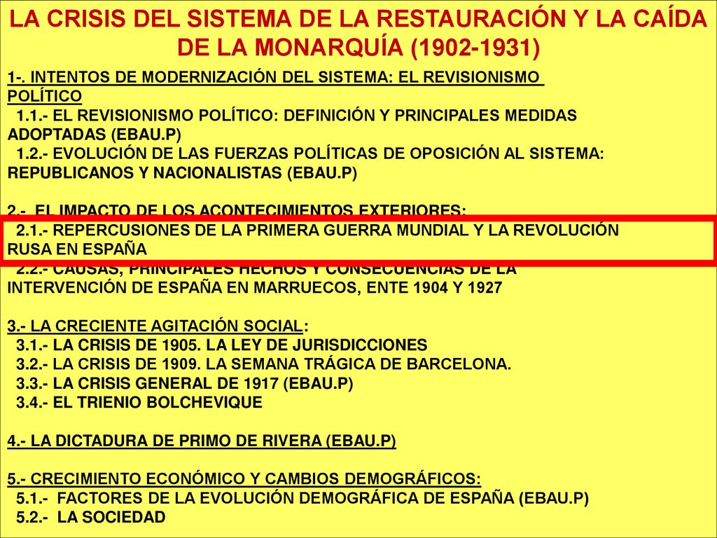 LA CRISIS DEL SISTEMA DE LA RESTAURACIÓN Y LA CAÍDA DE LA MONARQUÍA ( )