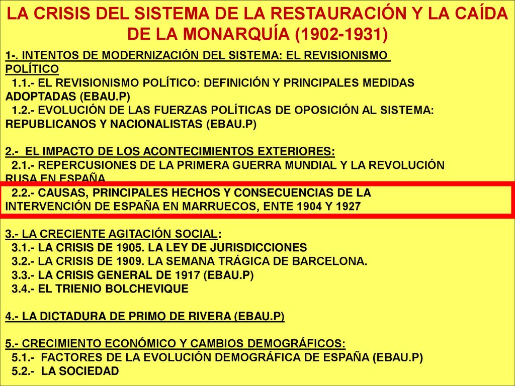 LA CRISIS DEL SISTEMA DE LA RESTAURACIÓN Y LA CAÍDA DE LA MONARQUÍA ( )