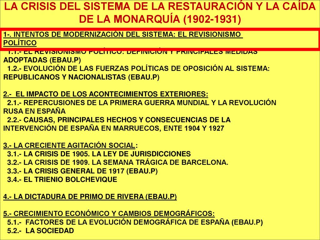 LA CRISIS DEL SISTEMA DE LA RESTAURACIÓN Y LA CAÍDA DE LA MONARQUÍA ( )