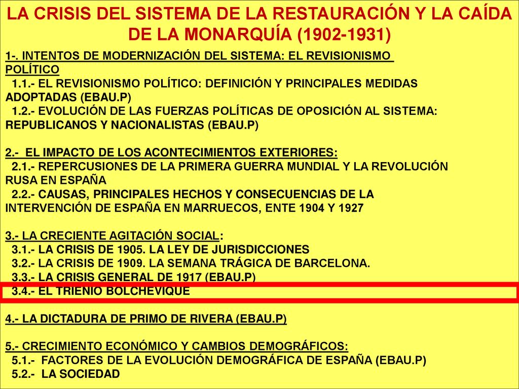 LA CRISIS DEL SISTEMA DE LA RESTAURACIÓN Y LA CAÍDA DE LA MONARQUÍA ( )