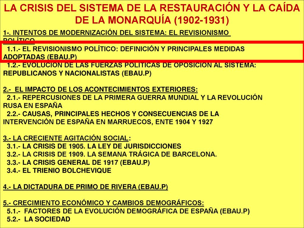 LA CRISIS DEL SISTEMA DE LA RESTAURACIÓN Y LA CAÍDA DE LA MONARQUÍA ( )