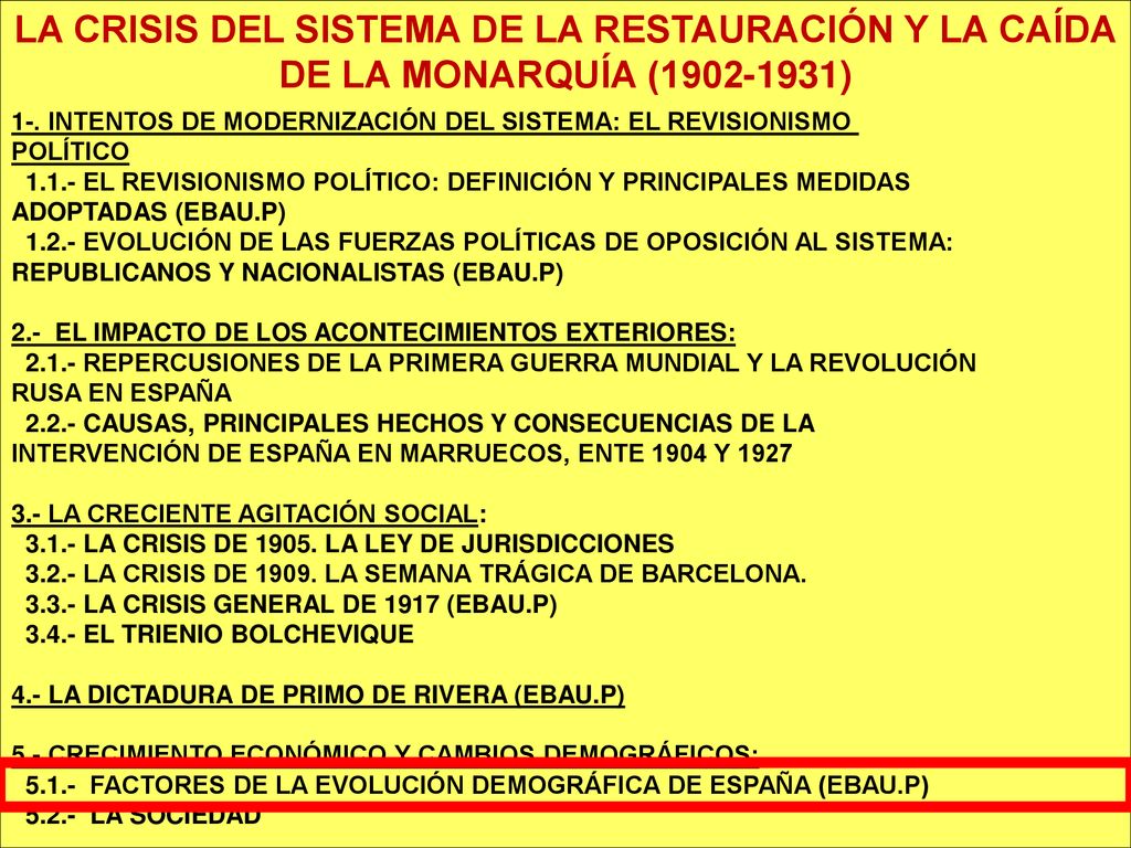 LA CRISIS DEL SISTEMA DE LA RESTAURACIÓN Y LA CAÍDA DE LA MONARQUÍA ( )