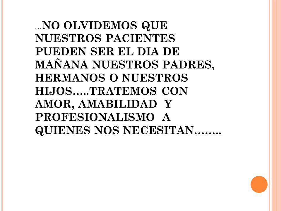 …NO OLVIDEMOS QUE NUESTROS PACIENTES PUEDEN SER EL DIA DE MAÑANA NUESTROS PADRES, HERMANOS O NUESTROS HIJOS…..TRATEMOS CON AMOR, AMABILIDAD Y PROFESIONALISMO A QUIENES NOS NECESITAN……..