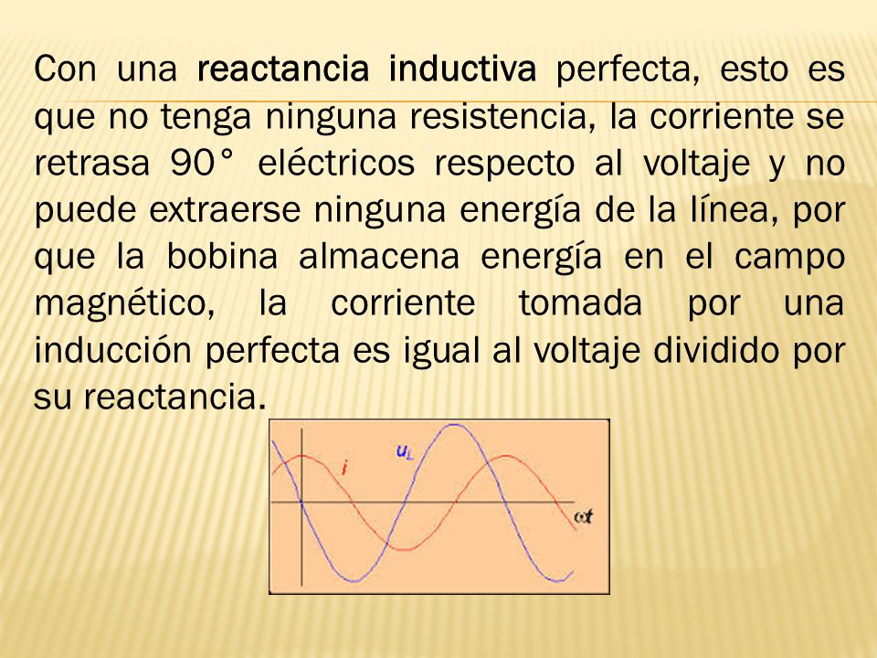 Con una reactancia inductiva perfecta, esto es que no tenga ninguna resistencia, la corriente se retrasa 90° eléctricos respecto al voltaje y no puede extraerse ninguna energía de la línea, por que la bobina almacena energía en el campo magnético, la corriente tomada por una inducción perfecta es igual al voltaje dividido por su reactancia.