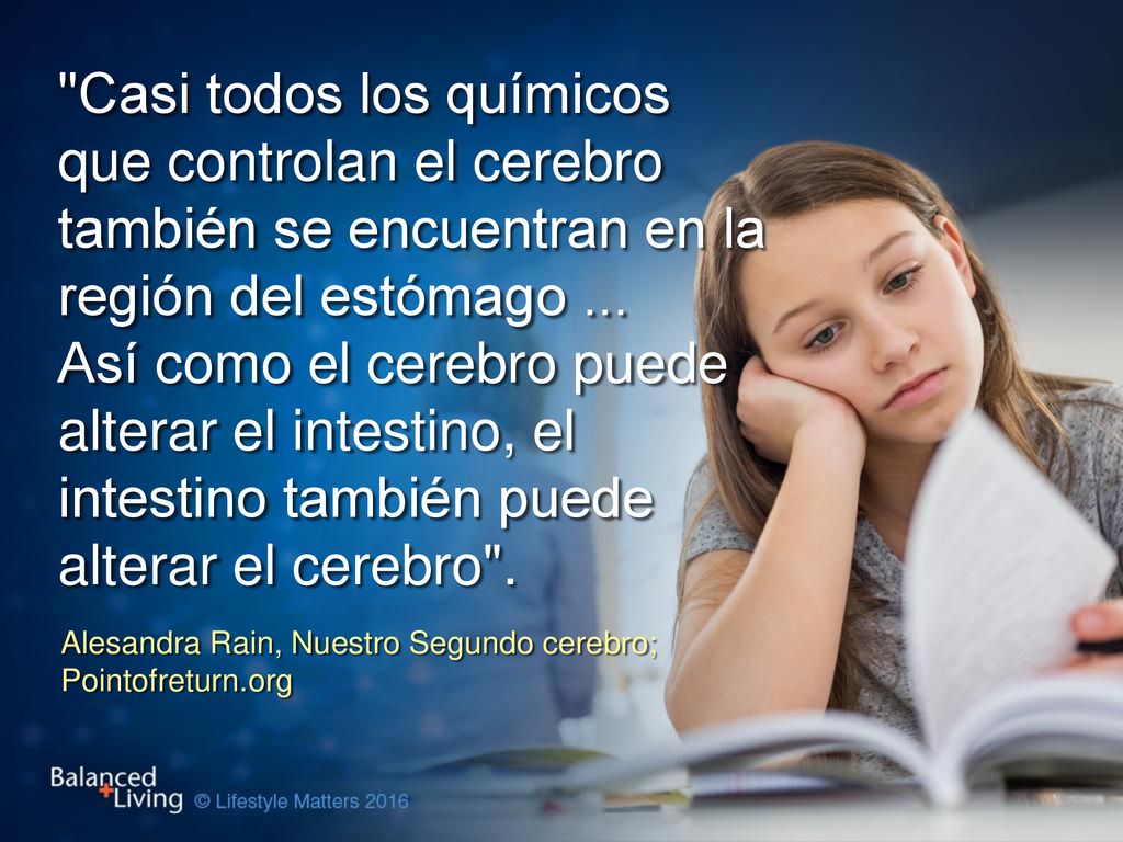Casi todos los químicos que controlan el cerebro también se encuentran en la región del estómago ... Así como el cerebro puede alterar el intestino, el intestino también puede alterar el cerebro .