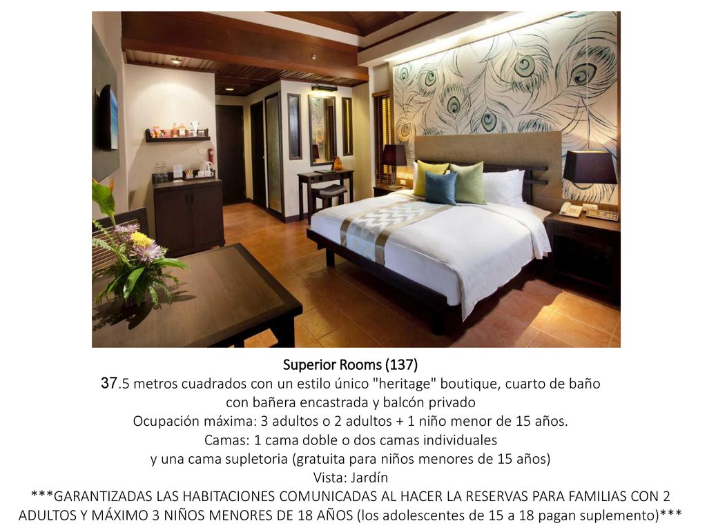 Superior Rooms (137) 37.5 metros cuadrados con un estilo único heritage boutique, cuarto de baño con bañera encastrada y balcón privado Ocupación máxima: 3 adultos o 2 adultos + 1 niño menor de 15 años. Camas: 1 cama doble o dos camas individuales y una cama supletoria (gratuita para niños menores de 15 años) Vista: Jardín ***GARANTIZADAS LAS HABITACIONES COMUNICADAS AL HACER LA RESERVAS PARA FAMILIAS CON 2 ADULTOS Y MÁXIMO 3 NIÑOS MENORES DE 18 AÑOS (los adolescentes de 15 a 18 pagan suplemento)***