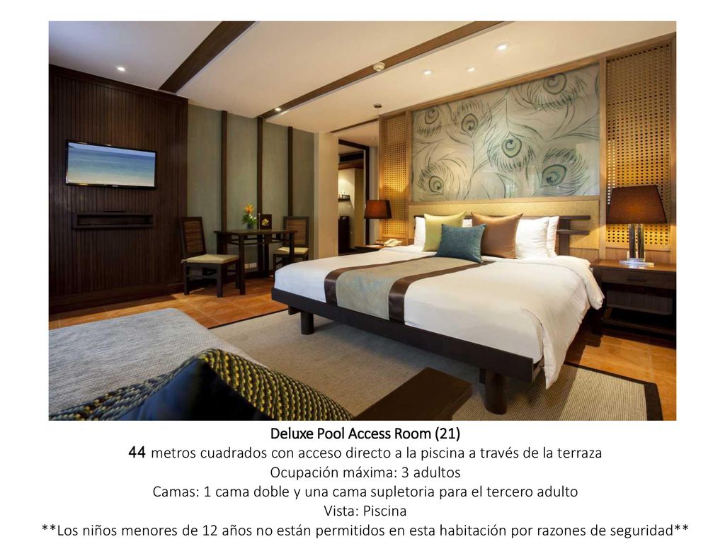 Deluxe Pool Access Room (21) 44 metros cuadrados con acceso directo a la piscina a través de la terraza Ocupación máxima: 3 adultos Camas: 1 cama doble y una cama supletoria para el tercero adulto Vista: Piscina **Los niños menores de 12 años no están permitidos en esta habitación por razones de seguridad**