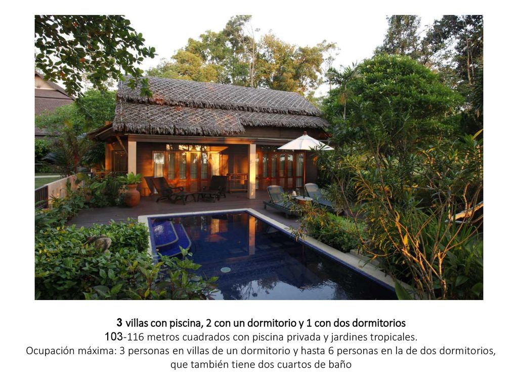 3 villas con piscina, 2 con un dormitorio y 1 con dos dormitorios metros cuadrados con piscina privada y jardines tropicales.