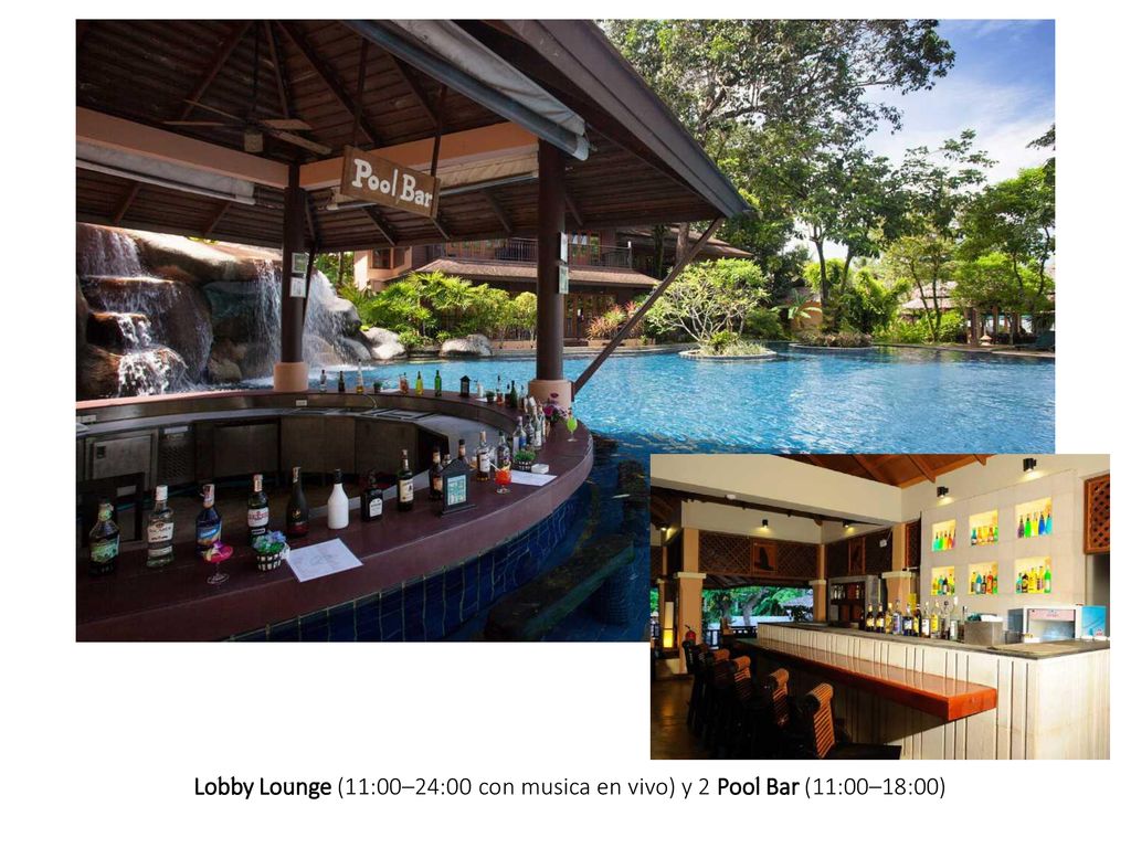 Lobby Lounge (11:00–24:00 con musica en vivo) y 2 Pool Bar (11:00–18:00)