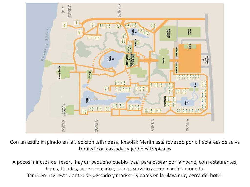 Con un estilo inspirado en la tradición tailandesa, Khaolak Merlin está rodeado por 6 hectáreas de selva tropical con cascadas y jardines tropicales A pocos minutos del resort, hay un pequeño pueblo ideal para pasear por la noche, con restaurantes, bares, tiendas, supermercado y demás servicios como cambio moneda. También hay restaurantes de pescado y marisco, y bares en la playa muy cerca del hotel.
