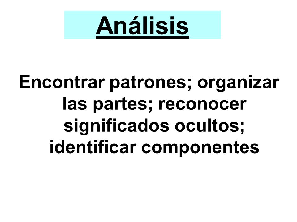 Análisis Encontrar patrones; organizar las partes; reconocer significados ocultos; identificar componentes.