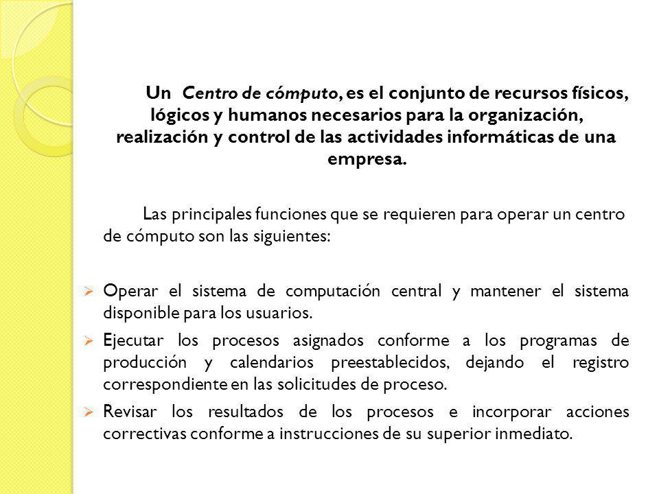 Un Centro de cómputo, es el conjunto de recursos físicos, lógicos y humanos necesarios para la organización, realización y control de las actividades informáticas de una empresa.