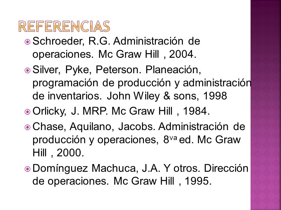 Referencias Schroeder, R.G. Administración de operaciones. Mc Graw Hill ,