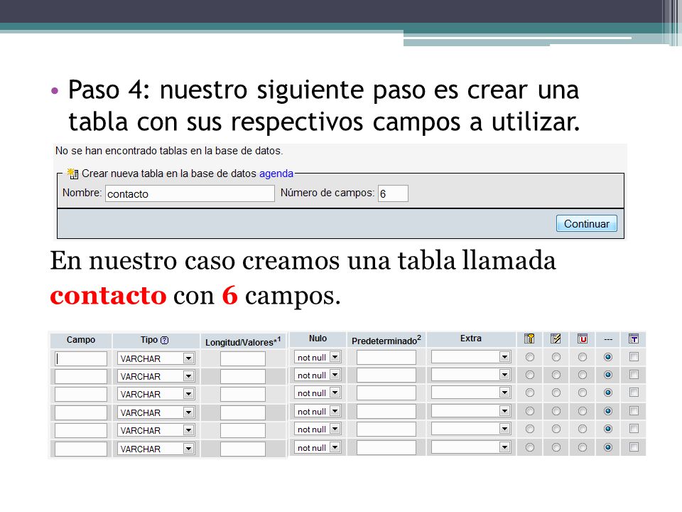 Paso 4: nuestro siguiente paso es crear una tabla con sus respectivos campos a utilizar.