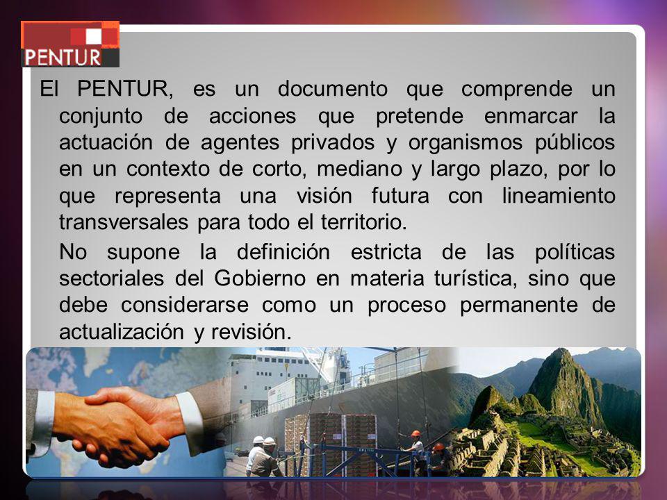 El PENTUR, es un documento que comprende un conjunto de acciones que pretende enmarcar la actuación de agentes privados y organismos públicos en un contexto de corto, mediano y largo plazo, por lo que representa una visión futura con lineamiento transversales para todo el territorio.