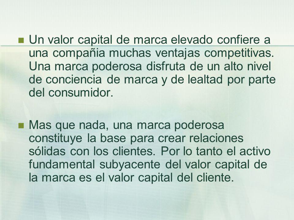 Un valor capital de marca elevado confiere a una compañia muchas ventajas competitivas. Una marca poderosa disfruta de un alto nivel de conciencia de marca y de lealtad por parte del consumidor.
