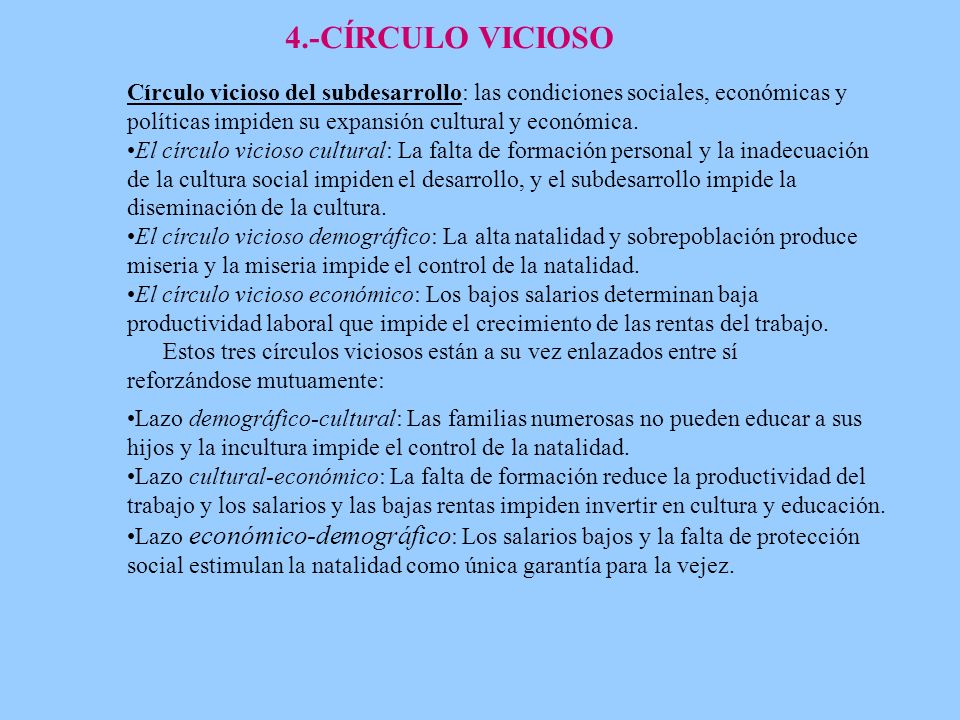 4.-CÍRCULO VICIOSO Círculo vicioso del subdesarrollo: las condiciones sociales, económicas y políticas impiden su expansión cultural y económica.