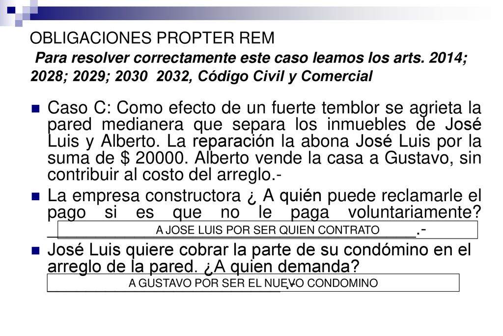 OBLIGACIONES PROPTER REM Para resolver correctamente este caso leamos los arts. 2014; 2028; 2029; , Código Civil y Comercial