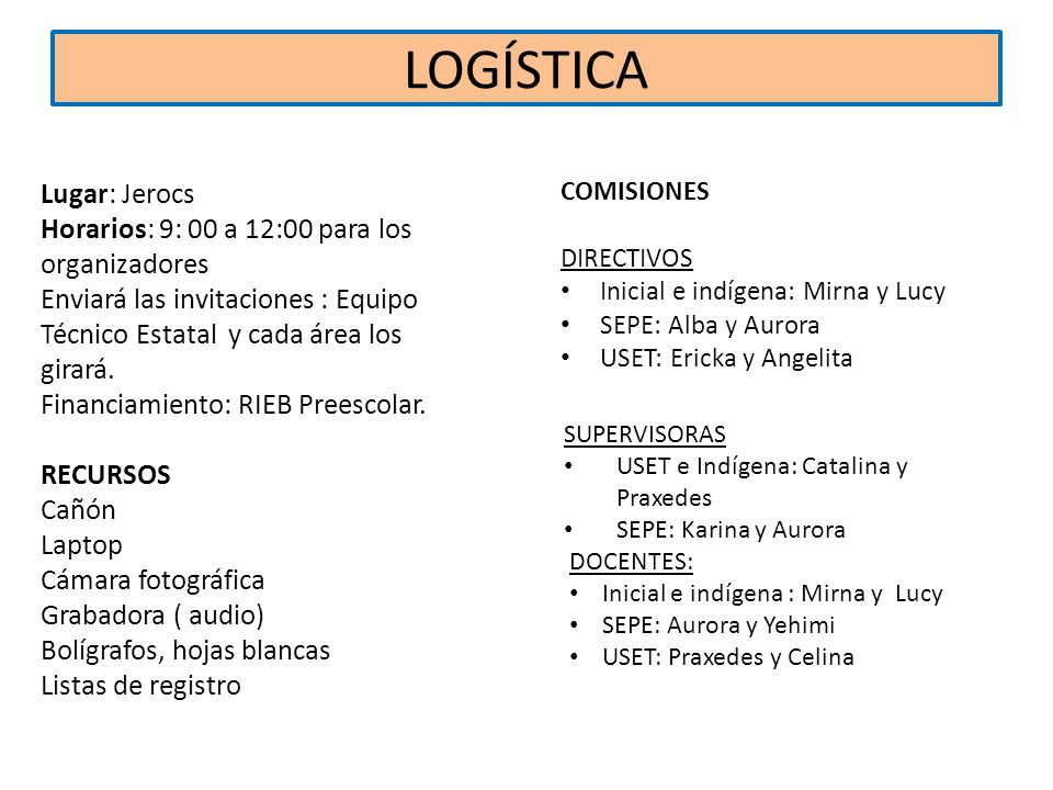 LOGÍSTICA Lugar: Jerocs Horarios: 9: 00 a 12:00 para los organizadores